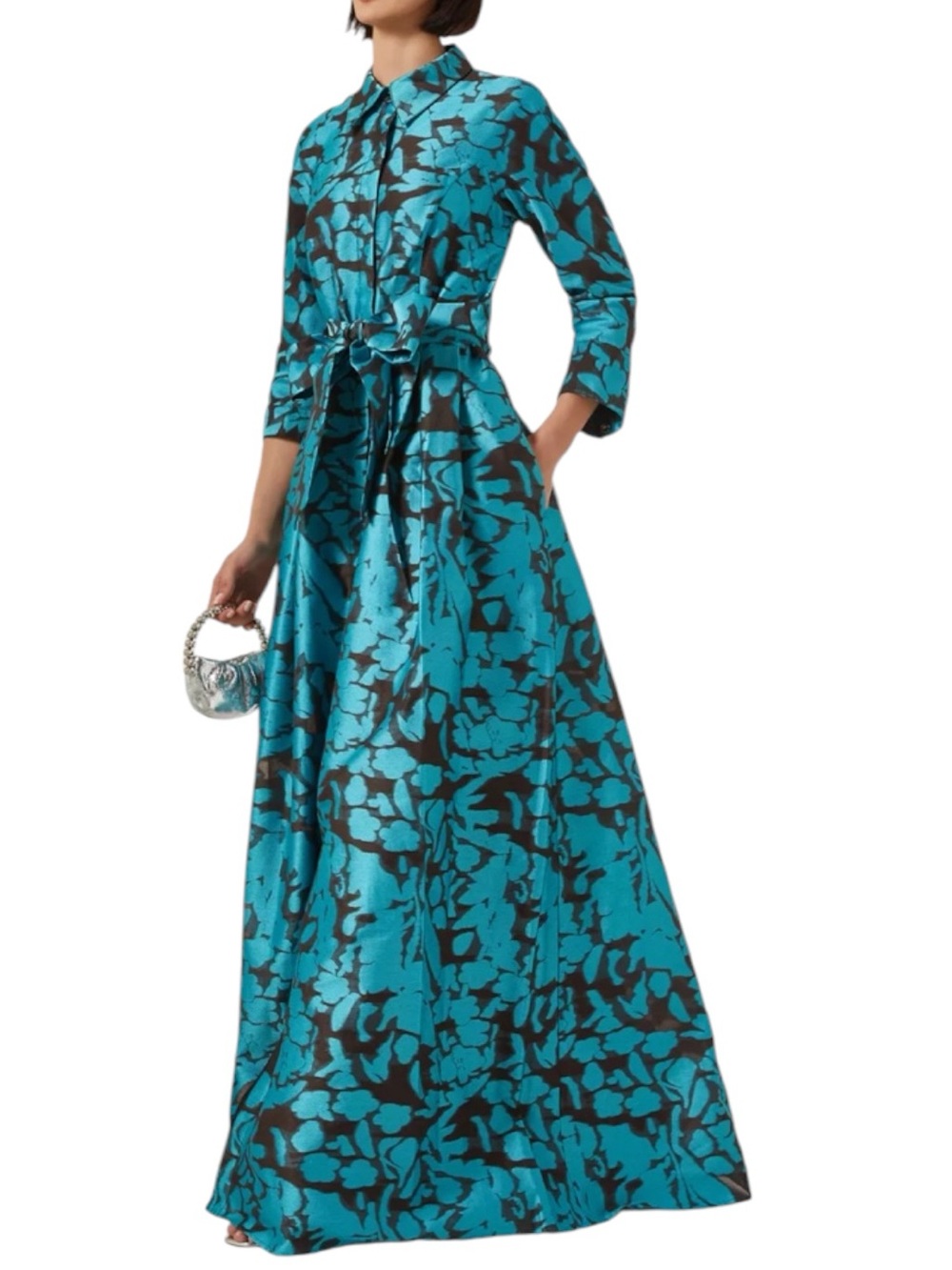 TERI JON Burnout Jacquard Floral Pattern Shirt Waist Gown - Picture 6 of 7